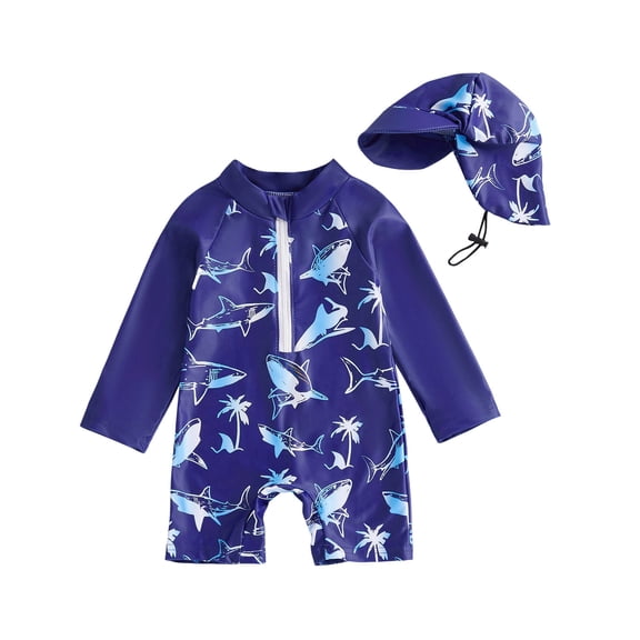 Zanarzt Baby Boy Swimsuit UPF 50 Sun Protection One Piece Zip Bathing Suit with Sun Hat Infant Sunsuit Swimwear Dark Blue,6-12 Months