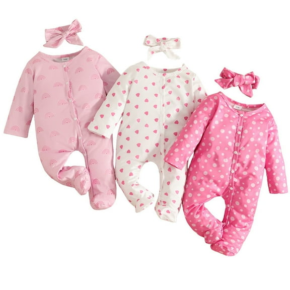 Zanarzt Baby Boys Sleep and Play PJs Baby Girls Preemie Sleep and Play Printed Bodysuit with Headband 6 Piece Set Pink,3-6 Months