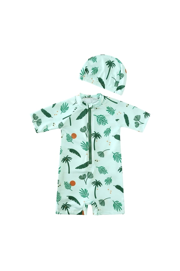 Baby Boys' Swimsuit Toddler Girls Boys Zipper Beach Swimsuit Boys Girls Floral Flat Horn Swim Cap Swimsuit Mint Green,9-12 Months