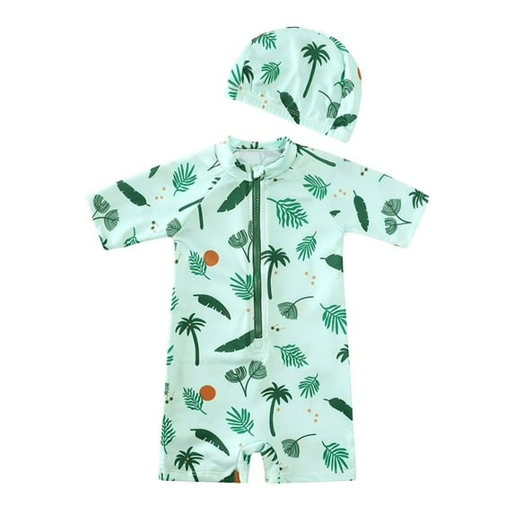 Zanarzt Baby Boys' Swimsuit Toddler Girls Boys Zipper Beach Swimsuit Boys Girls Floral Flat Horn Swim Cap Swimsuit Mint Green,9-12 Months