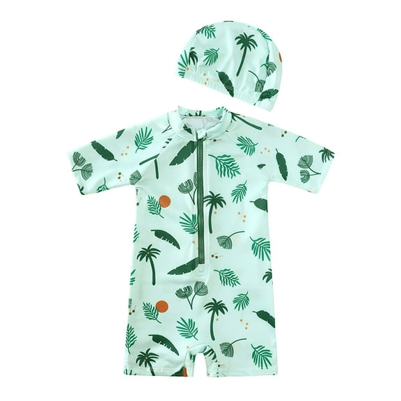 Zanarzt Baby Boys' Swimsuit Toddler Girls Boys Zipper Beach Swimsuit Boys Girls Floral Flat Horn Swim Cap Swimsuit Mint Green,9-12 Months