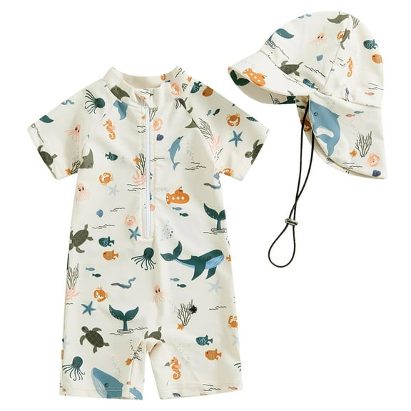 Zanarzt Baby Boys' Toddler Rash Guard Swimsuit Boys Swimsuit Short Sleeve Zipper Swimsuit Sun Protective Clothing Bathing Swimwear Beachwear White,3-6 Months