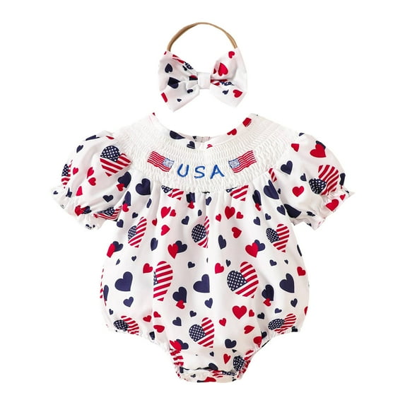 Zanarzt Baby Clothes for Boys My First 4th Of July Baby Girl Outfit Newborn Smocked Bubble Romper Ruffle Bodysuit Fourth Of July Clothes with Headband White,6-12 Months