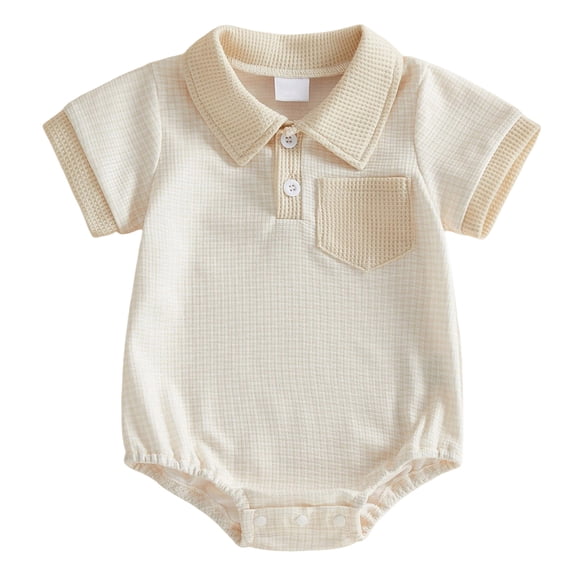 Zanarzt Baby Cotton Short Sleeve Bodysuits Baby Boy Clothes Knit Button Up Shirt Romper Solid Short Sleeve Bodysuit Outfit Beige,3-6 Months