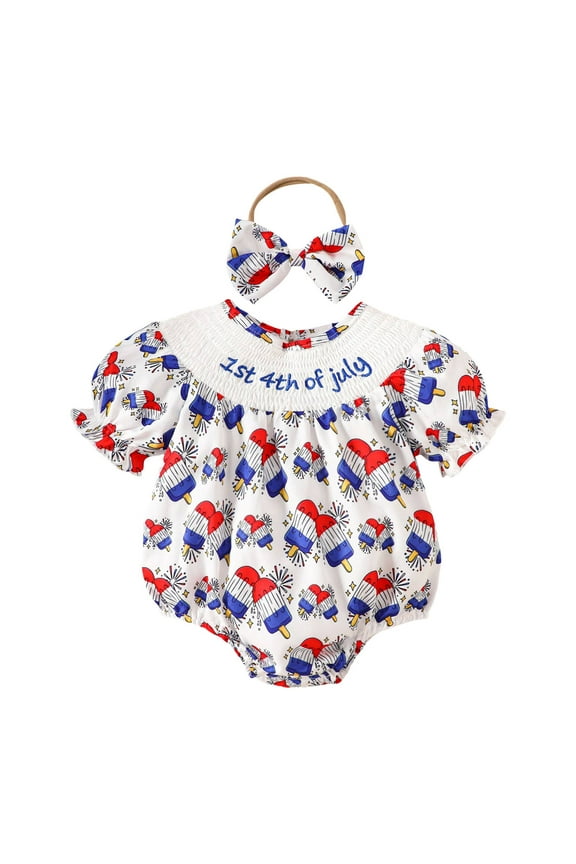Baby Girl Clothes My First 4th Of July Baby Girl Outfit Newborn Smocked Bubble Romper Ruffle Bodysuit Fourth Of July Clothes with Headband Blue,12-18 Months