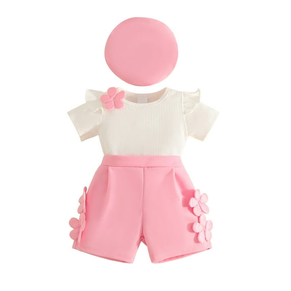 Zanarzt Baby Girl Clothes Newborn Baby Girl Spring Summer Outfits Flower Top with Short and Beret Hat Pink,9-12 Months