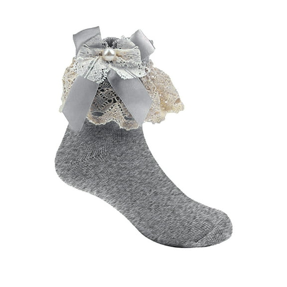 Zanarzt Baby Girl Lace Socks Ruffle Ankle Socks Toddler Girl Children's Bow Mid Tube Socks Lace Baby Socks Jacquard Cotton Socks Grey,7-8 Years