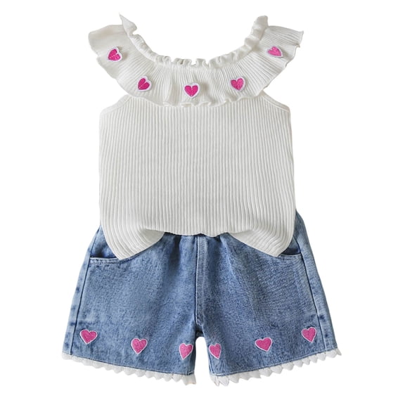 Zanarzt Baby Girl Outfits Summer Toddler Girl Clothes Baby Girl Ruffle Sleeveless Shirt with Denim Shorts Set Cute Outfits White,3-4 Years