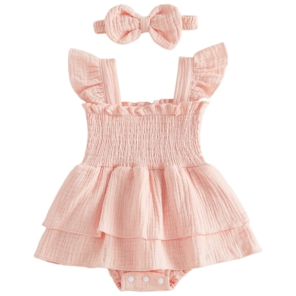 Zanarzt Baby Girl Rompers Baby Girl Summer Clothes Smocked Romper Short Sleeve Bodysuit Headband Outfit Cute Clothing Pink,3-6 Months