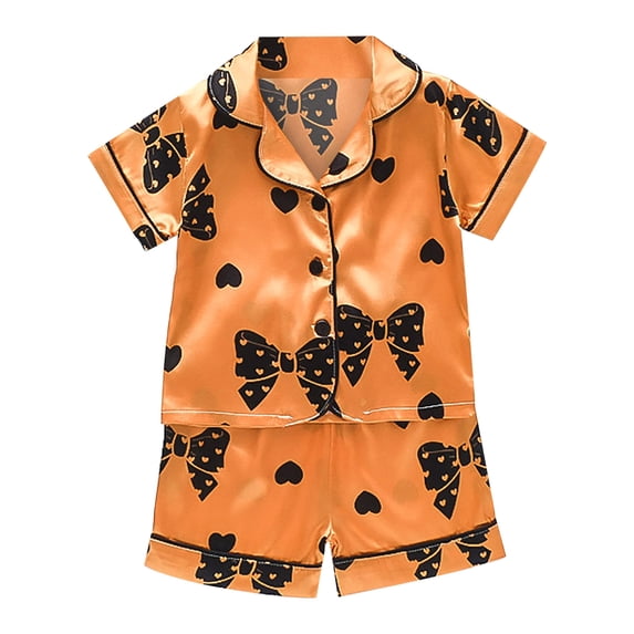 Zanarzt Baby Girls Boys Silk Pajamas Set Toddler Kids Baby Boys Girls Satin Cartoon Button Down Short Sleeve Shirt Tops + Shorts Pants Silk Sleepwear Loungewear Set Orange,1-2 Years
