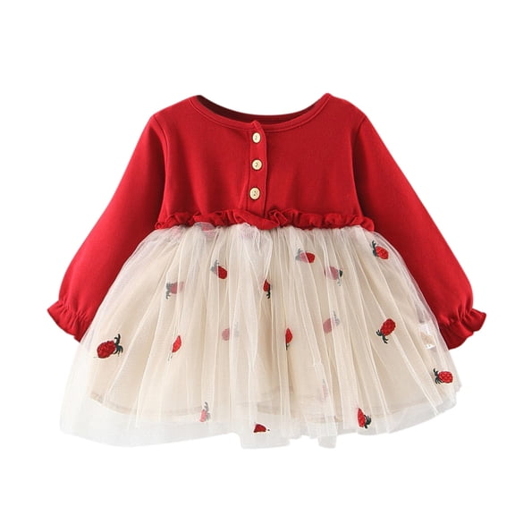 Zanarzt Baby Girls' Cotton Dress Toddler Kids Girls Floral Long Sleeve Mesh Tulle Ball Gown Dress Princess Clothes Red,0-12 Months