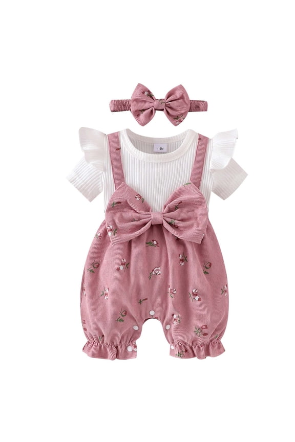 Baby Outfit Newborn Infant Girl Clothes Baby Girl Clothes Summer Short Sleeve Romper Floral Bow Short Jumpsuit Cute Outfits Pink,3-6 Months