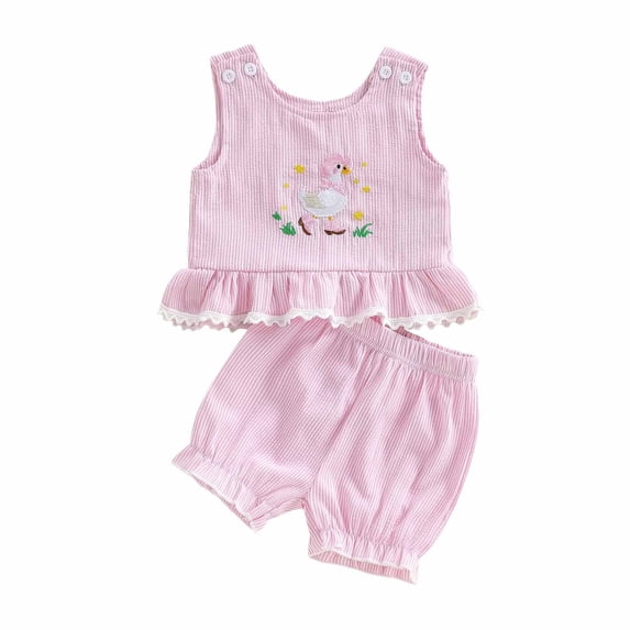 Zanarzt Baby Outfits Girl Toddler Baby Girl Summer Clothes Embroidery Ruffle Tank Tops Shorts 2Pcs Set Spring Cute Outfit Pink,12-18 Months
