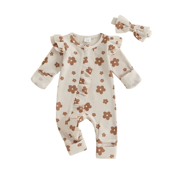 Zanarzt Baby Rompers Girl Long Sleeve Baby Girl Cute Rabbit Romper Jumpsuit Summer Bodysuit with Headband Beige,3-6 Months