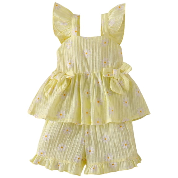 Zanarzt Baby Summer Clothes Toddler Girl Clothes Baby Summer Spring Outfits Cute Bow Smocked Ruffle Sleeve Tops Girls Shorts Set Yellow,3-4 Years