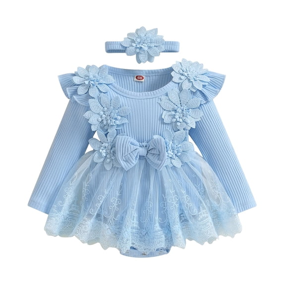 Zanarzt Baby Toddler Girl Dress Long Sleeve Baby Girl Romper Dress Baby Dress Romper Flowers Lace Fall Spring Festival Clothes with Headband Blue,1-3 Months