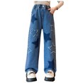 thumbnail image 1 of Zanarzt Baggy Jeans Kids Girls Baggy Wide Leg Jeans High Waist Casual Washed Denim Pants with Star Print Blue,5-6 Years, 1 of 7