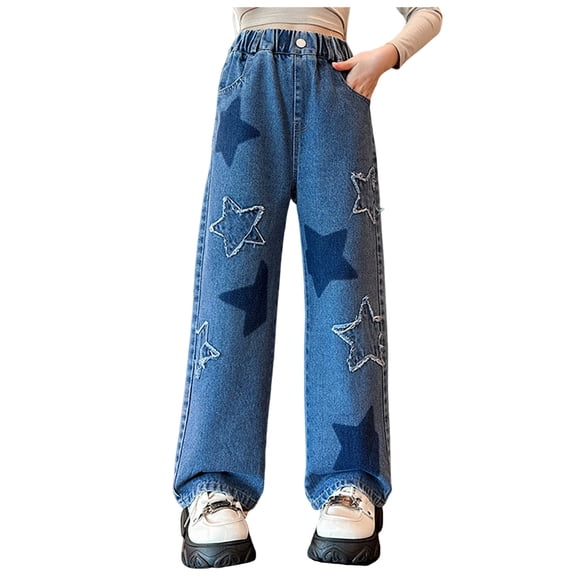 Zanarzt Baggy Jeans Kids Girls Baggy Wide Leg Jeans High Waist Casual Washed Denim Pants with Star Print Blue,5-6 Years