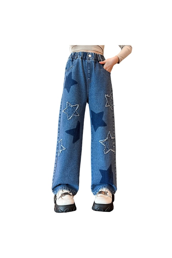 Baggy Jeans Kids Girls Baggy Wide Leg Jeans High Waist Casual Washed Denim Pants with Star Print Blue,5-6 Years