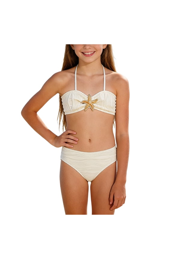 Bathing Suits for Teen Girls Tween Girls Swimsuits 2 Piece Solid Color Bikini Sets with Chest Pad Swimwear White,10-11 Years