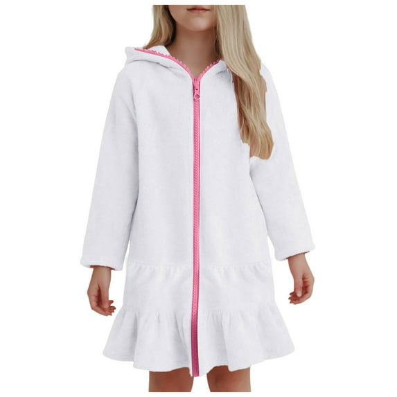 Zanarzt Beach Cover Up Dress Girls Comfortable Dress Hooded Long Sleeve Beach Dress Girls Swimsuit Cover Up White,1-2 Years