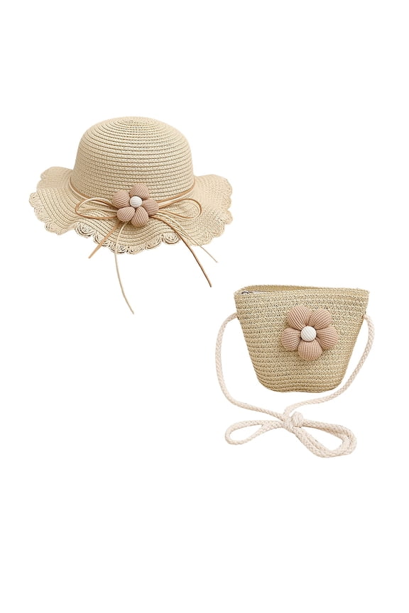 Beach Hat for Girls Little Kids Girls Summer Straw Sun Hat Wide Brim Bowknot Floppy Beach Sun Hat and Straw Bag Beige,One Size