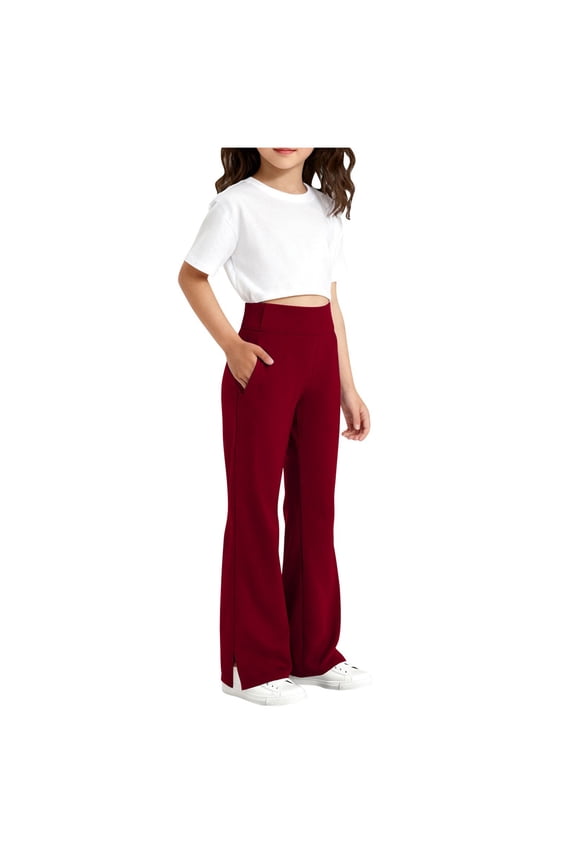 Bell Bottom Leggings Girls Flare Leggings High Waist Bell Bottoms for Kids Yoga Dance Pants with Pockets Wine,10-11 Years