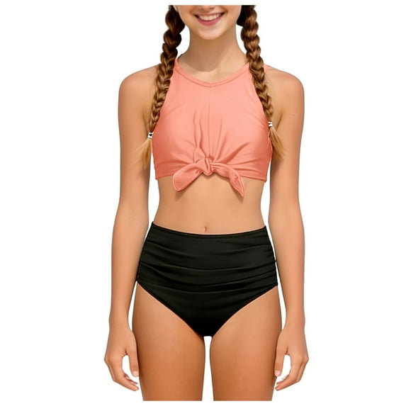 Zanarzt Bikibi Set Girls Swimsuit 2 Piece Bathing Suit Criss Cross Ruched Girl Tankini Sets Girls' Swimwear Pink,7-8 Years