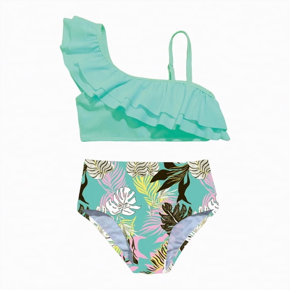 Zanarzt Bikini Girls 2 Piece Swimsuit Ruched Ruffle Bikini Sets Adjustable Straps Bathing Suit for Teen Girls 8-9 Years,Mint Green