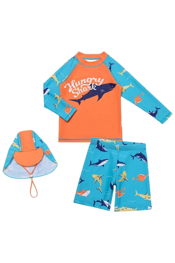 Boys 2 Pieces Rash Guard Childrens Swimsuit Cartoon Swimsuit Set Children Toddler Boy Swim Set with Hat Orange,11-12 Years