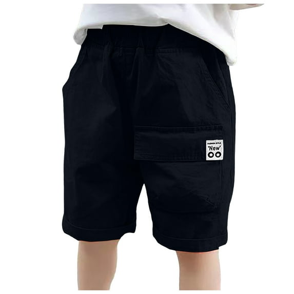 Zanarzt Boys Cargo Shorts Boy's Summer Cotton Drawstring with High Waist Loose Fit Pockets Casual Shorts Black,7-8 Years