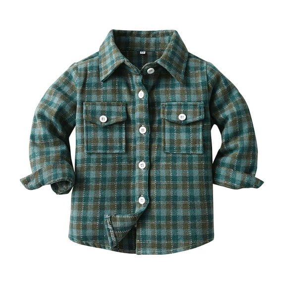Zanarzt Boys Long Sleeve Shirt Toddler Boys Girls Plaid Shirt Jacket Long Sleeve Lapel Button Coat Spring Casual Outwear with Pocket Dark Green,6-12 Months