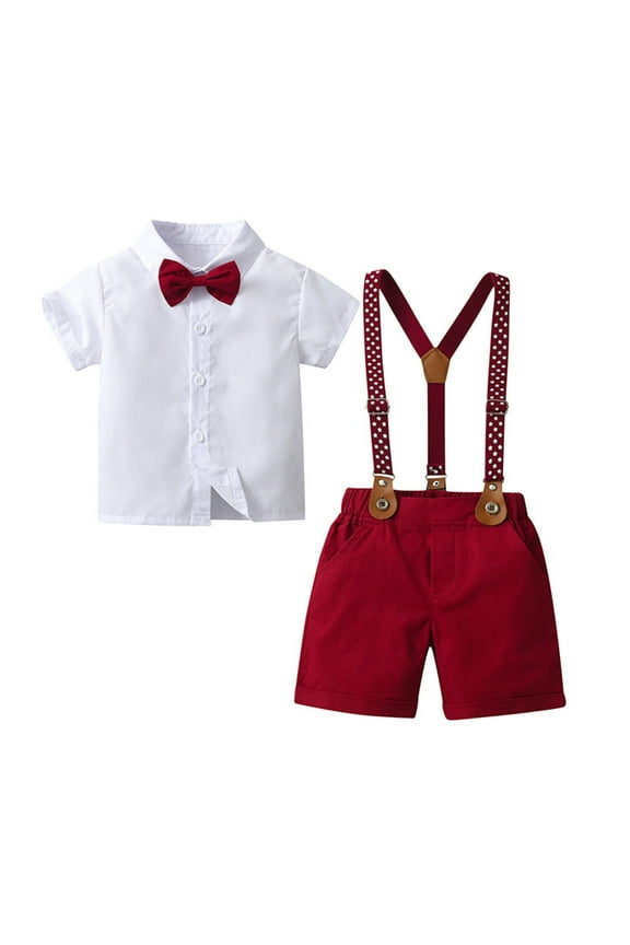 Boys Spring Outfits Newborn Baby Boy Clothes Gentleman Wedding Suit Infant Outfits Formal Dress Shirt+Bowtie+Suspender Shorts Red,12-18 Months