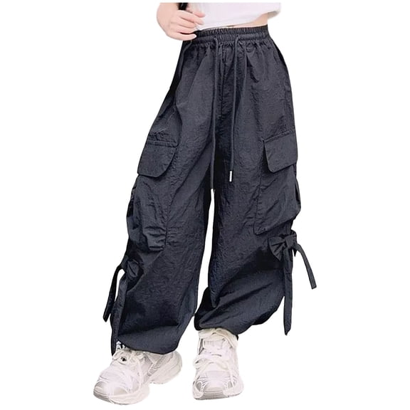 Zanarzt Cargo Pants Baggy Girls Trousers Childrens Cargo Pants Casual Versatile Loose Long Pants Sports Pants Black,9-10 Years