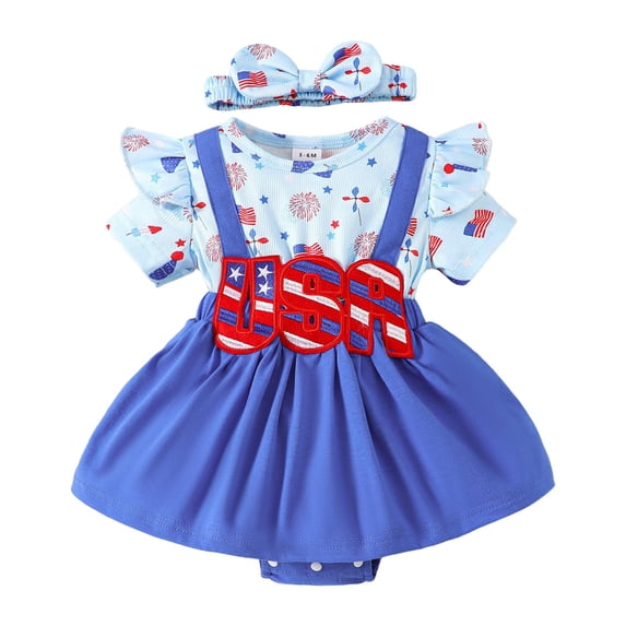 Zanarzt Cotton Baby Girl Summer Romper 4th of July Baby Outfit Newborn Romper Letter Flag Embroidery Short Sleeve Jumpsuit with Headband One Piece Summer Clothes Blue,12-18 Months