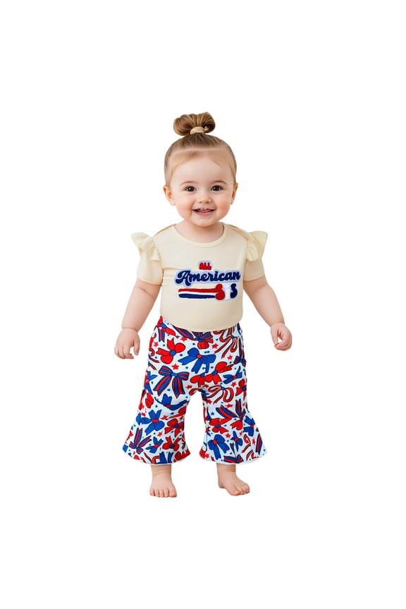 Cute Clothes Baby Girl Bell Bottom 4th of July Outfit Infant Newborn Summer Clothes Short Sleeve Ruffle Tops Flare Pant Set Khaki,12-18 Months