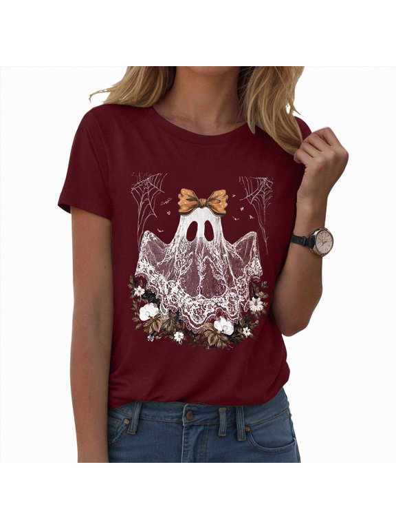 Cute Halloween Shirts for Women Fashion T Shirt Short Sleeve Women Round Neck Tee T Shirt Printing Loose Top,Wine,M