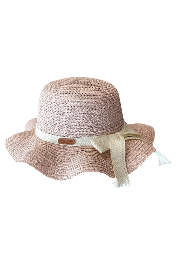 Cute Hats for Girls Little Girl Kids Breathable Summer Straw Hat Foldable UV Protection Bowknot Wide Brim Beach Sun Visor Hats Pink,5-10 Years