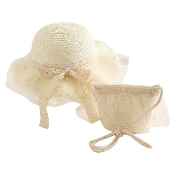 Zanarzt Cute Hats for Girls Little Kids Girls Summer Fedora Straw Hat Wide Brim Floppy Beach Sun Visor Hat and Bag White,One Size