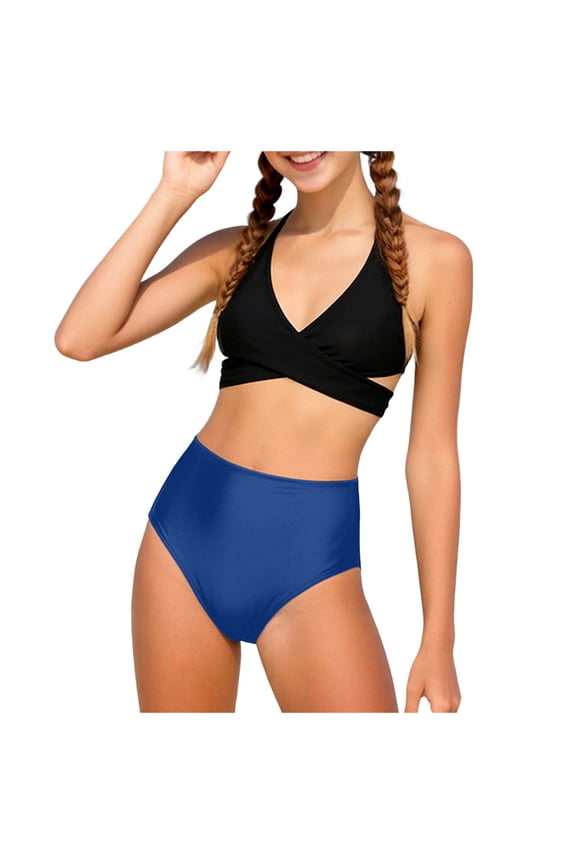 Cute Swimsuits Girls Swimsuit Bikini Sets 2 Piece Solid Color Bathing Suits for Teen Girls Swimwear Blue,5-6 Years