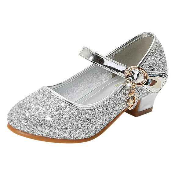Zanarzt Dress Sandals for Little Girls Mary Jane Shoes Low Heel Princess Flats Dress Shoes for Little Kid Silver,13.5