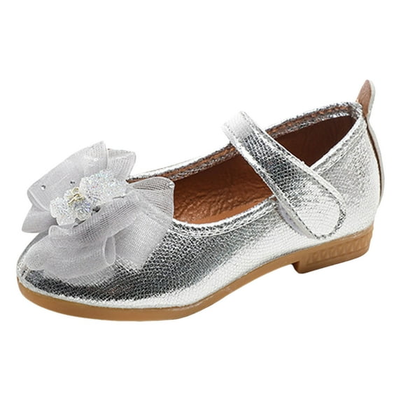 Zanarzt Dress Sandals for Little Girls Toddler Flower Girls Dress Shoes Princess Ballet Flats with Bow and Peals for Party School Silver,14