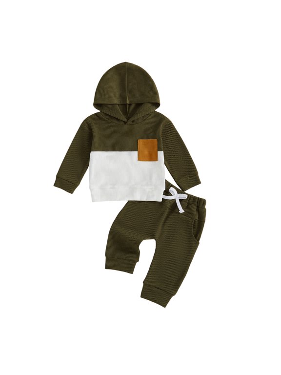 Fall Clothes Boys Breathable Contrast Color Long Sleeve Simple Hooded Top Pants Casual Two Piece Set Green,0-6 Months