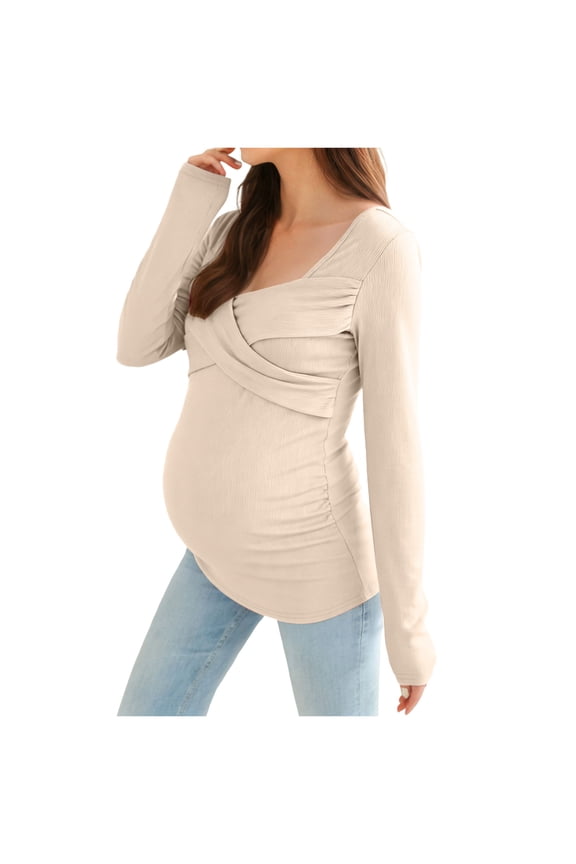 Fall Maternity Clothes Women Maternity Tops Long Sleeve Pregnancy Ribbed Knit Shirts Crew Neck Casual Breastfeeding Clothes Beige,M
