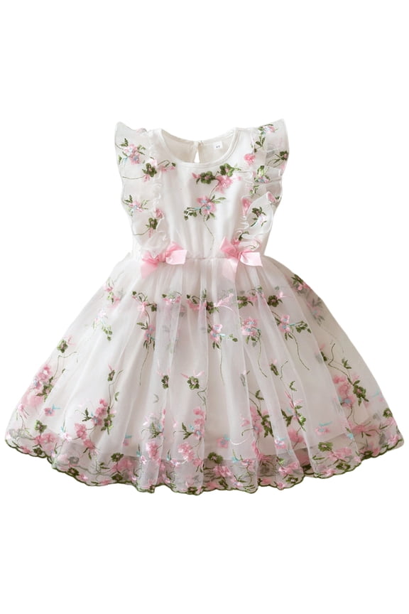 First Birthday Outfit Girl Baby Girls Tulle Dress Sleeveless Floral Tutu Dress Toddler Girls Birthday Party Princess Dresses White,7-8 Years