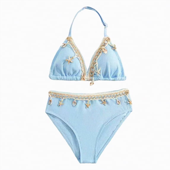 Zanarzt Girl Bikini Girls Swimsuit Bikini Set Solid Color V-Neck Two Piece Bathing Suit with Chest Pad Swimwear 10-11 Years,Blue