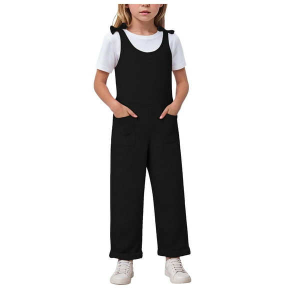 Zanarzt Girl Cotton Jumper Girls' Casual Sleeveless Jumpsuits Spaghetti Strap Loose Romper Long Pants with Pockets Black,5-6 Years