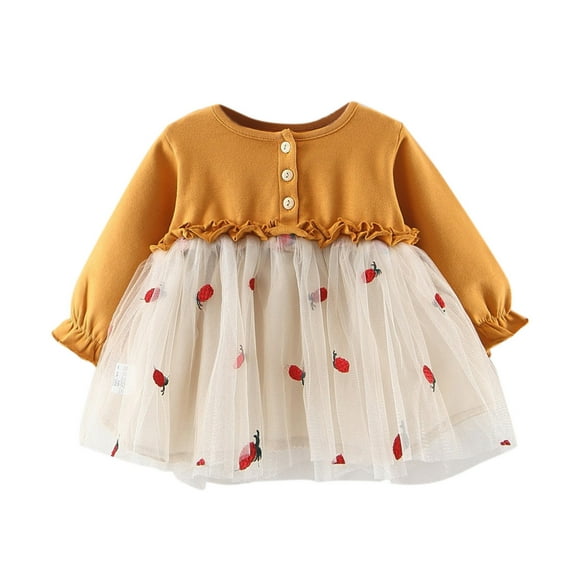 Zanarzt Girl Long Sleeve Dress Ruffle Toddler Kids Girls Floral Long Sleeve Mesh Tulle Ball Gown Dress Princess Clothes Yellow,3-4 Years