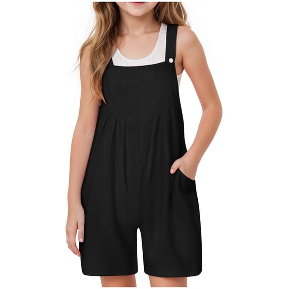 Zanarzt Girl One Piece Romper Girls Romper Sleeveless Short Jumpsuits Kids Casual One Piece Summer Outfits with Pockets Back to School Outfits Black,7-8 Years