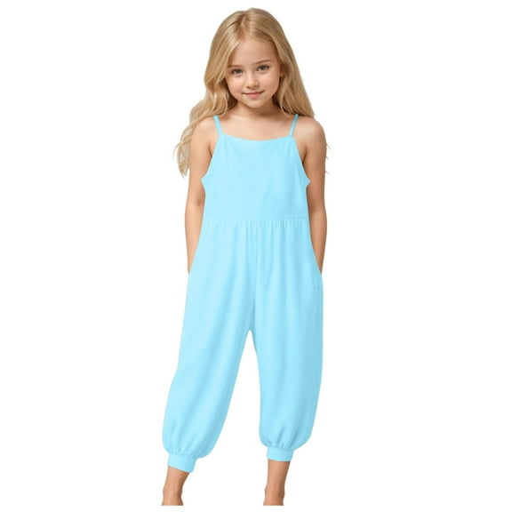 Zanarzt Girl Summer Jumper Girls Jumpsuit Kids Fashion Sleeveless Wide Leg Romper One Piece Summer Outfits Light Blue,1-2 Years